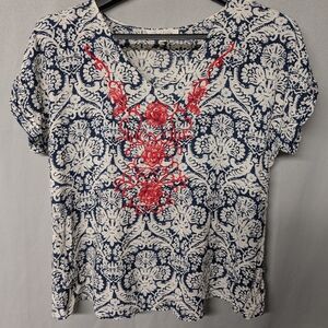 Solitaire Embroidered Blouse - Blue and Red